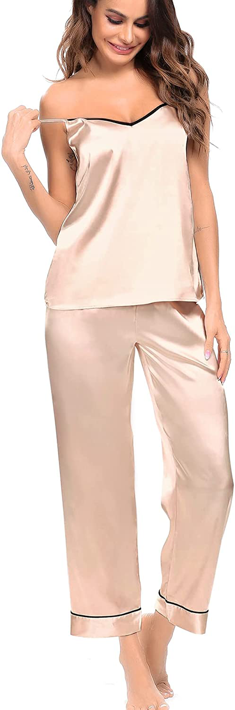SWOMOG Womens Silk Satin Pajamas Set Two-Piece Pj Sets Cami Top and Capris Pants Sleepwear Apparel & Accessories > Clothing > Sleepwear & Loungewear Kylie Max   
