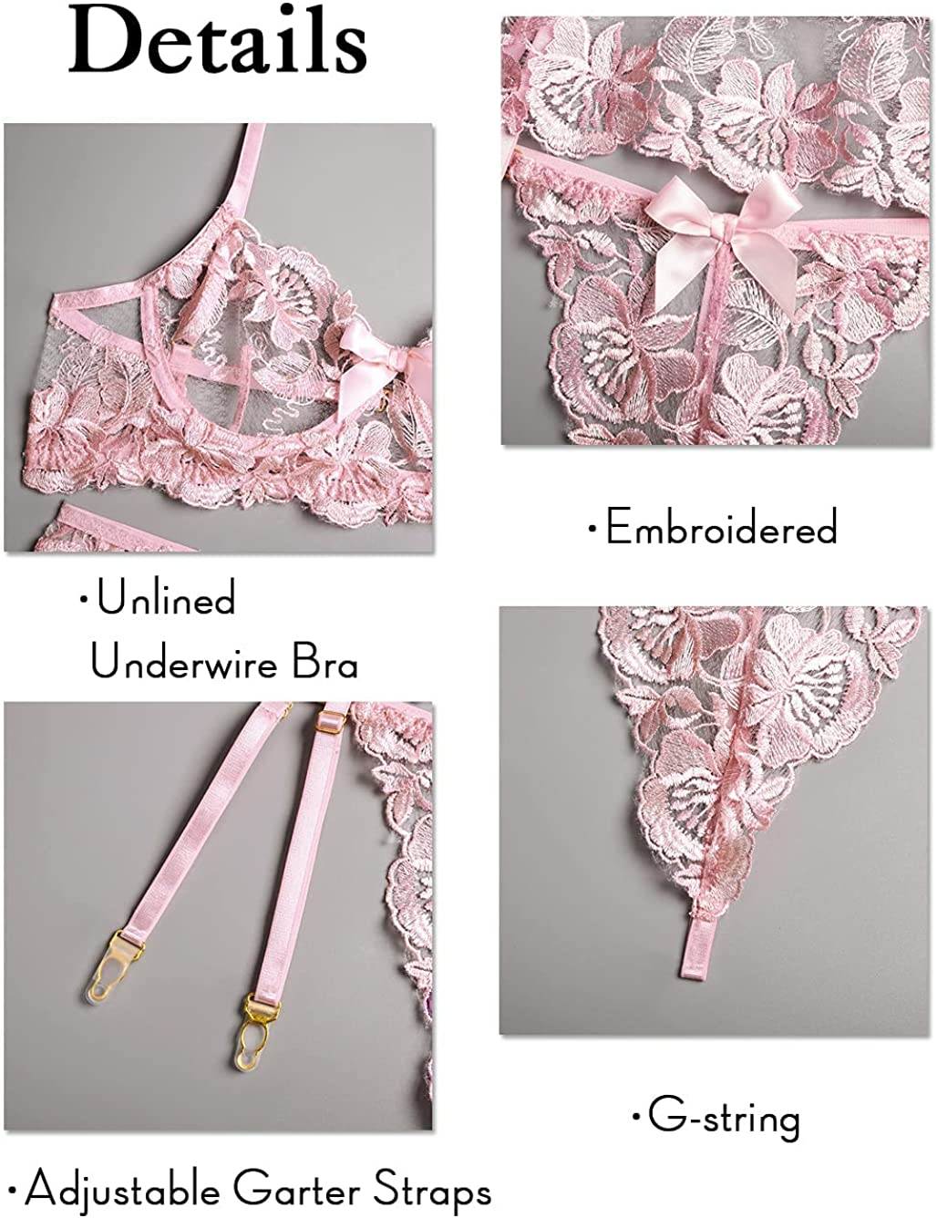 Kaei&Shi Floral Embroidered Mesh Sheer,Underwire,G-String,Garter Lingerie Set Apparel & Accessories > Clothing > Underwear & Socks > Lingerie Kaei&Shi   