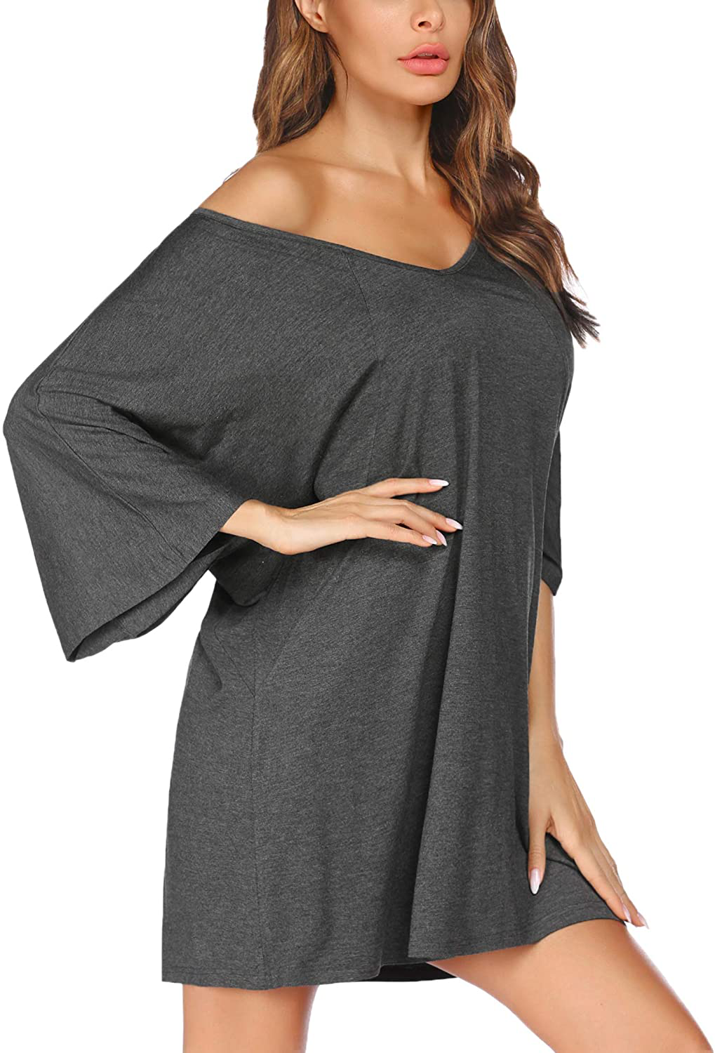 Ekouaer Women'S Sleepshirt Deep V Neck Nightgown Batwing Nightshirt Oversized Sleepwear Loungewear plus Size Apparel & Accessories > Clothing > Sleepwear & Loungewear > Nightgowns Kylie Max   