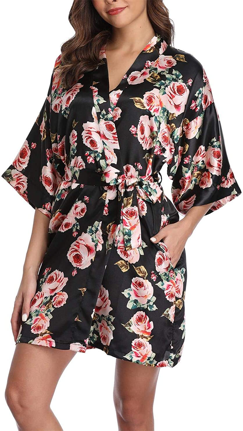 Season Dressing Women Floral Robes Bridesmaids Short Satin Kimono Sleepwear for Wedding Party Apparel & Accessories > Clothing > Sleepwear & Loungewear > Robes season dressing Rose Black Small 