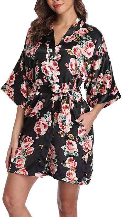 Season Dressing Women Floral Robes Bridesmaids Short Satin Kimono Sleepwear for Wedding Party Apparel & Accessories > Clothing > Sleepwear & Loungewear > Robes season dressing Rose Black Small 