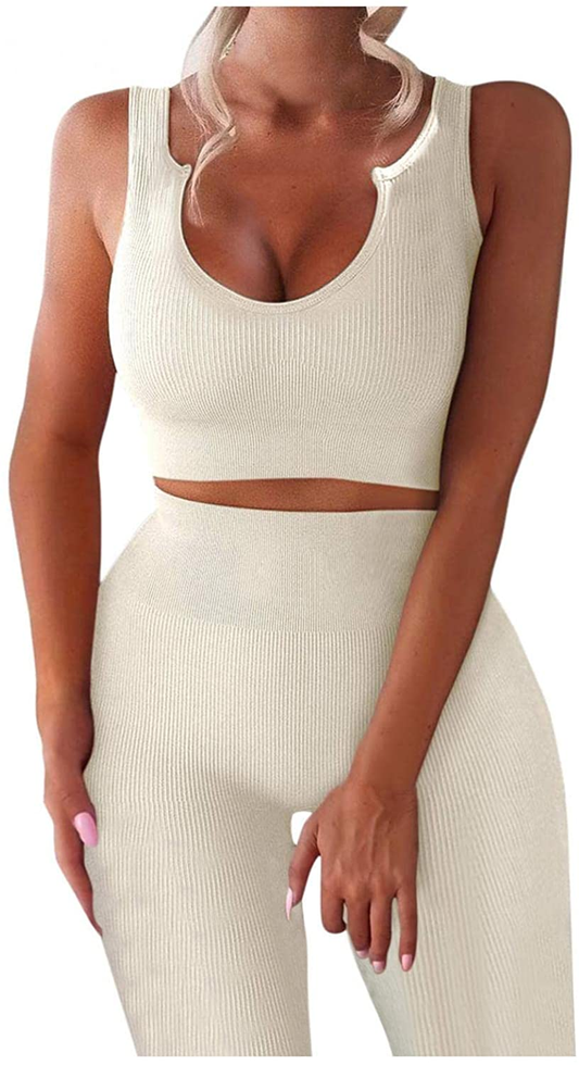 Burband Womens Solid Color 2 Piece Tracksuit High Waist Leggings Sport Bra Yoga Seamless Texture Bodysuit Workout Outfits Apparel & Accessories > Clothing > Underwear & Socks > Shapewear Burband White Medium 