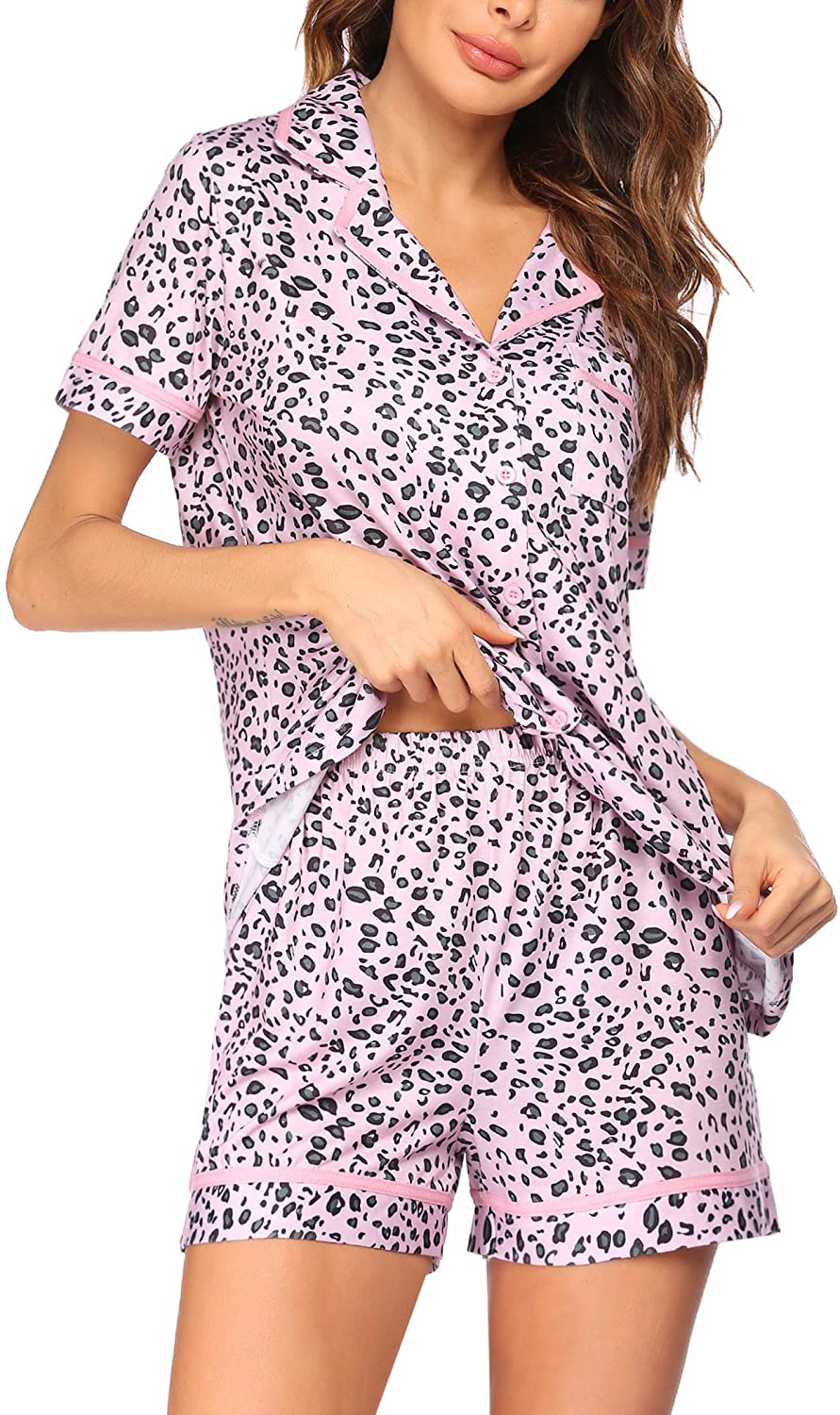 Ekouaer Pajamas Soft Striped Women's Short Sleeve Button Sleepwear Shorts Shirt PJ Set(S-XXL) Apparel & Accessories > Clothing > Sleepwear & Loungewear > Pajamas Ekouaer C-pink Leopard Large 