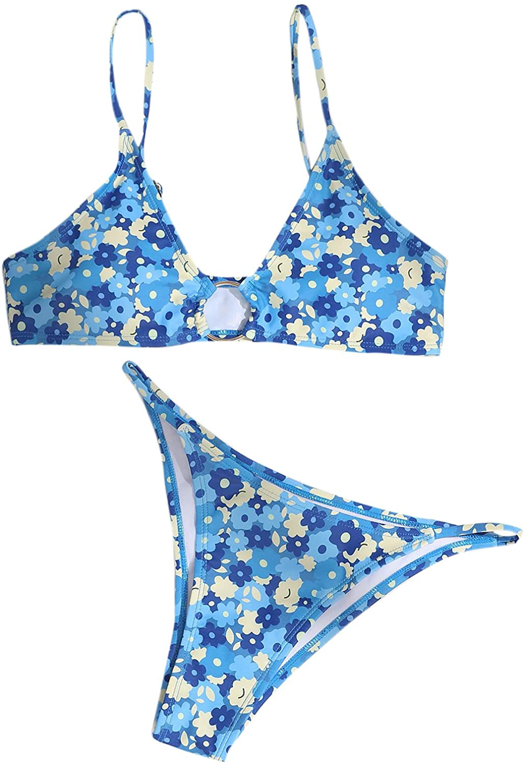 SOLY HUX Women's Print Tie Back Triangle Bikini Bathing Suits 2 Piece Swimsuits Apparel & Accessories > Clothing > Swimwear KYLIE MAX Floral Print Blue Large 