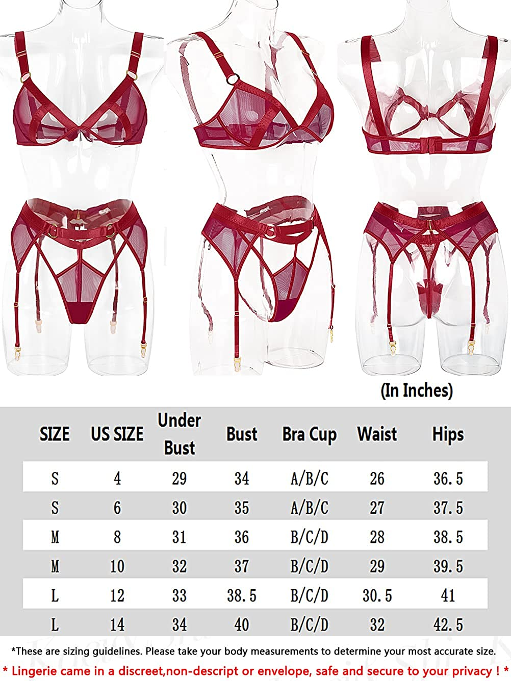 Kaei&Shi Mesh Sheer,Peekaboo Bralette,Cutout Thong,Garter Belt,3 Piece Lingerie Apparel & Accessories > Clothing > Underwear & Socks > Lingerie Kaei&Shi   