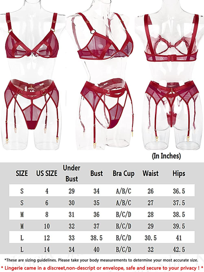 Kaei&Shi Mesh Sheer,Peekaboo Bralette,Cutout Thong,Garter Belt,3 Piece Lingerie Apparel & Accessories > Clothing > Underwear & Socks > Lingerie Kaei&Shi   