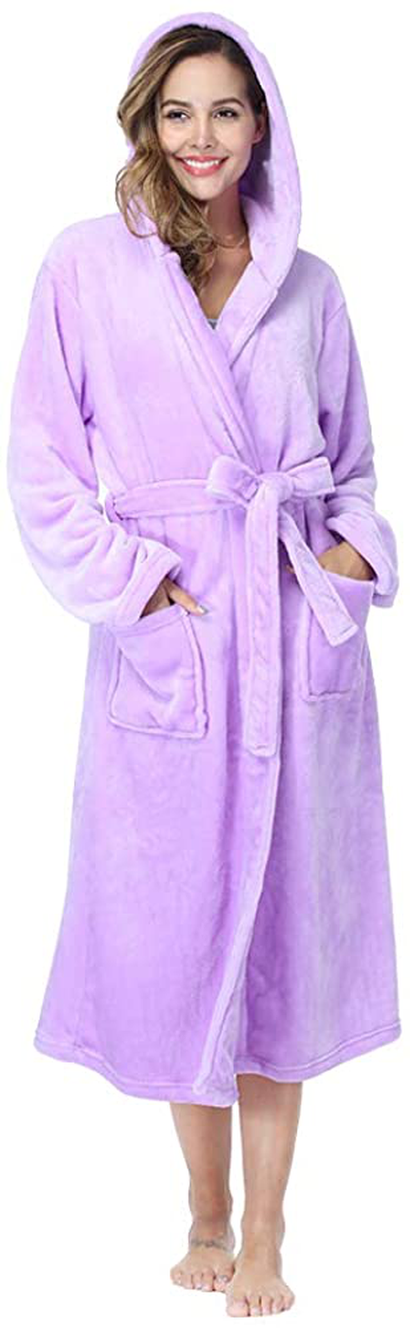 RONGTAI Womens Long Robes Plush Fleece Nightgown Thick plus Size Hooded Bathrobe with Pockets Fluffy Sleepwear for Men Apparel & Accessories > Clothing > Sleepwear & Loungewear > Robes RONGTAI Purple Large 