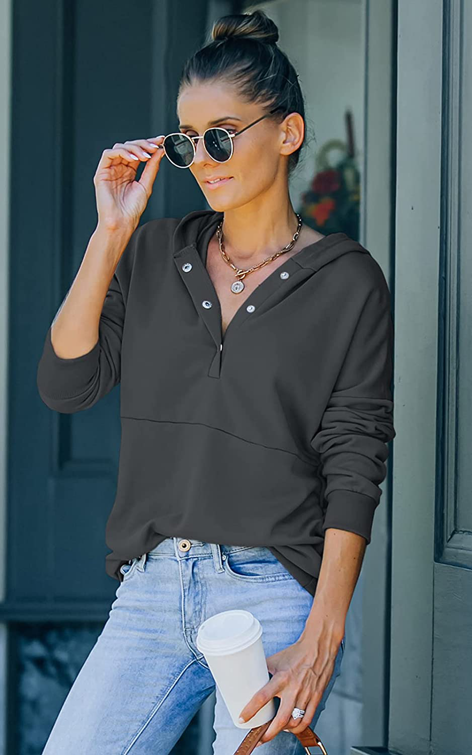 KIRUNDO Women'S Long Sleeve Casual Sweatshirts Women Hoodies Solid Color Button Collar Fall Pullover Tops Apparel & Accessories > Clothing > Activewear Kylie Max   