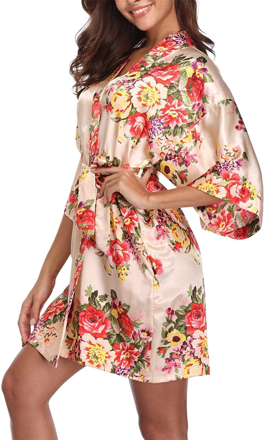 Season Dressing Women Floral Robes Bridesmaids Short Satin Kimono Sleepwear for Wedding Party Apparel & Accessories > Clothing > Sleepwear & Loungewear > Robes season dressing Bouquet Champagne Small 