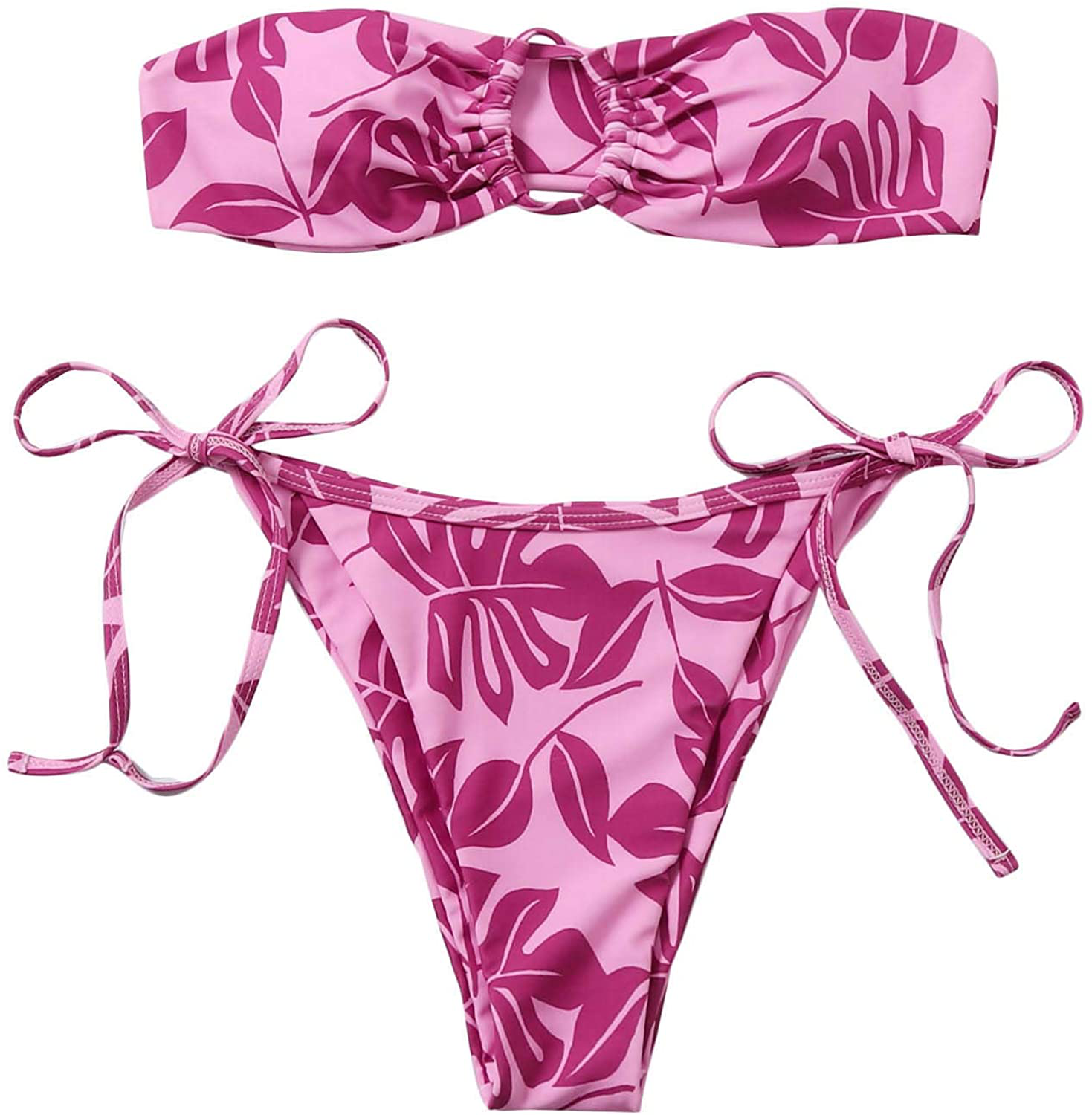 SOLY HUX Women's Floral Print Tie Front Bikini Bathing Suit 2 Piece Swimsuits Apparel & Accessories > Clothing > Swimwear KYLIE MAX Pink Medium 