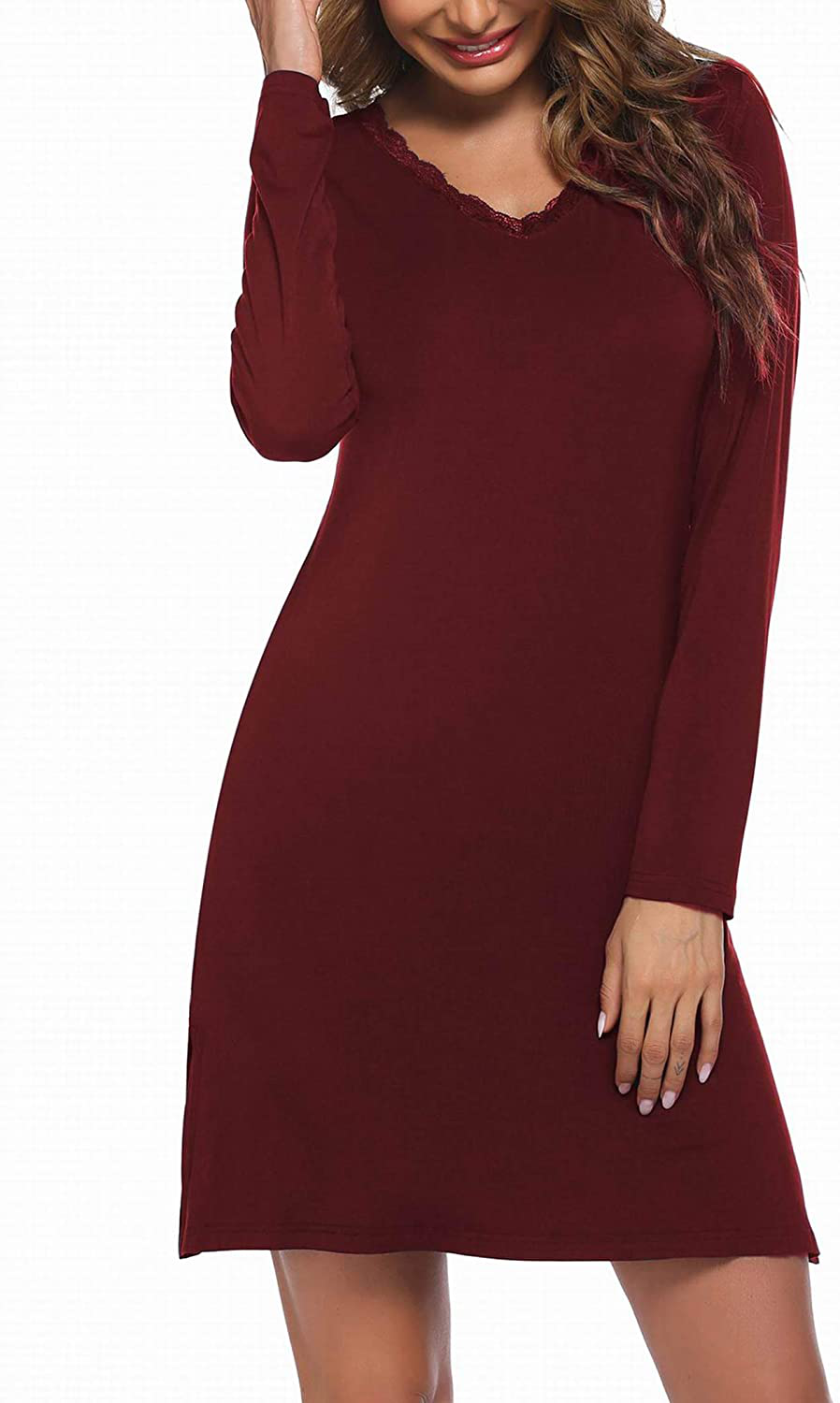 Ekouaer Sleepshirt for Women Sexy Nightgowns Long Sleeve Sleepwear Night Dress V-Neck Nightwear Gown Loungewear S-XXL Apparel & Accessories > Clothing > Sleepwear & Loungewear > Nightgowns Kylie Max   