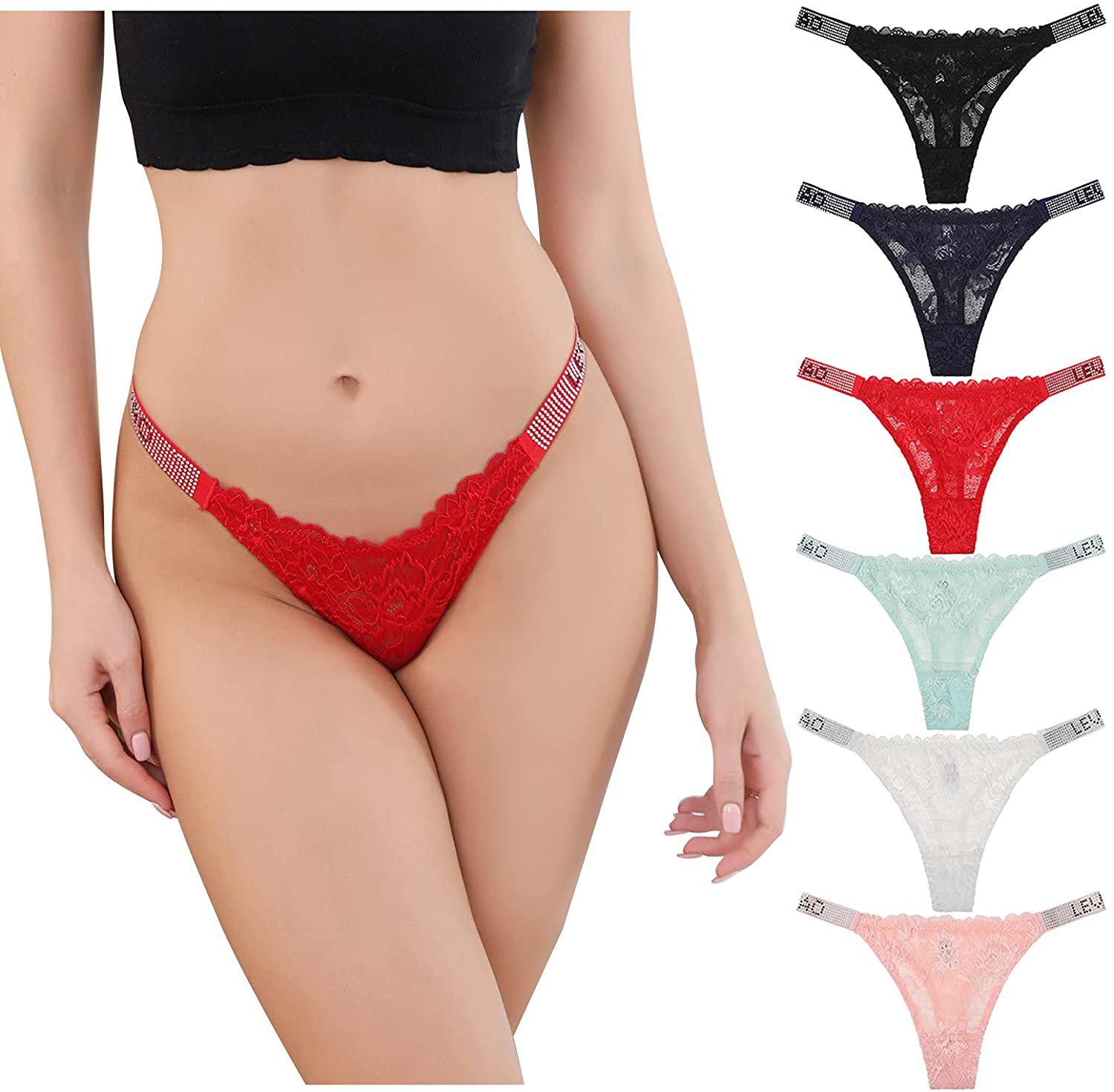 Sexy Panties, LEVAO Thongs for Women Letter Rhinestones G-String Low-rise Tanga Stretch Underwear Pack of 6 Apparel & Accessories > Clothing > Underwear & Socks > Underwear LEVAO 6-pack Mixed X-Large 