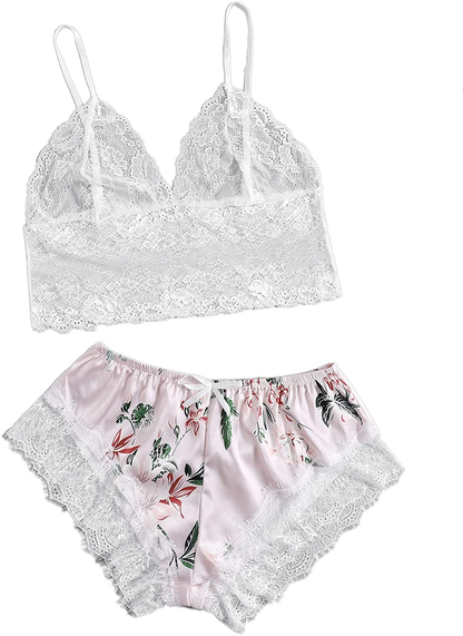SOLY HUX Women'S plus Size Spaghetti Strap Lace Trim Bralette and Shorts Sleepwear Pajama Lingerie Set Apparel & Accessories > Clothing > Underwear & Socks > Lingerie KYLIE MAX Light Pink Floral XX-Large Plus 