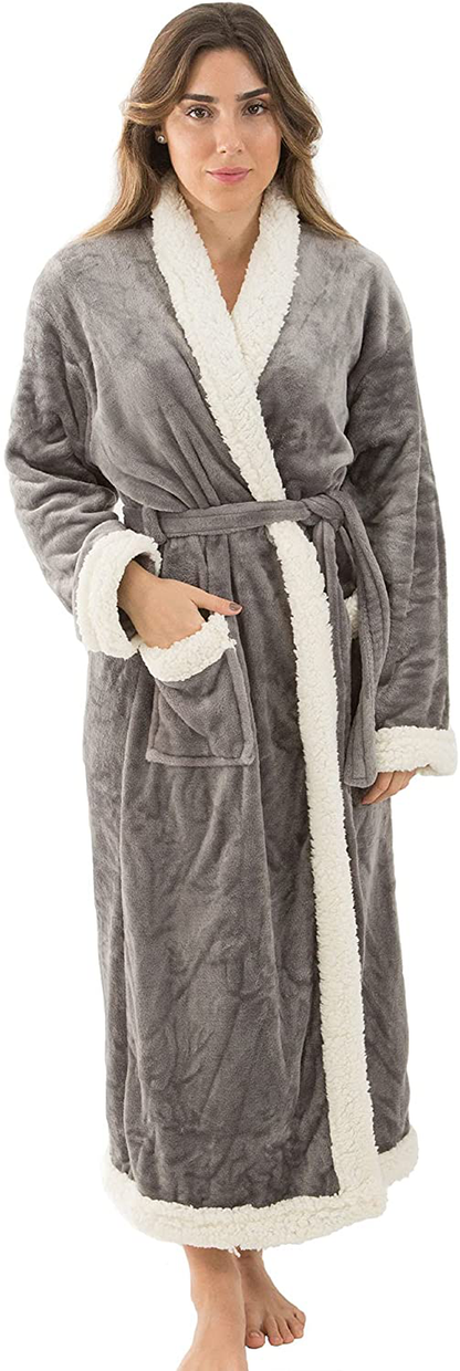 Burklett Luxury Sherpa Trim Fleece Long Bath Robe with Pocket Apparel & Accessories > Clothing > Sleepwear & Loungewear > Robes Kylie Max   