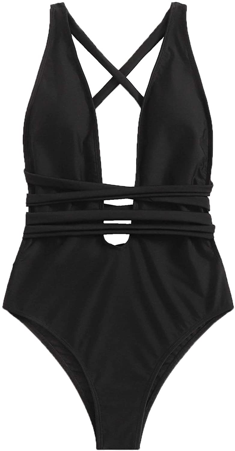 Sweatyrocks Women'S Sexy Basic Criss Cross Tie Knot Front Deep V Open Back One Piece Swimwear Apparel & Accessories > Clothing > Swimwear Kylie Max   