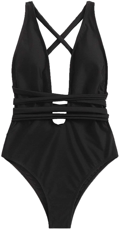 Sweatyrocks Women'S Sexy Basic Criss Cross Tie Knot Front Deep V Open Back One Piece Swimwear Apparel & Accessories > Clothing > Swimwear Kylie Max   