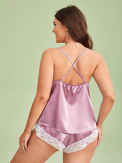SOLY HUX Women'S plus Size Lace Trim Satin Cami Top and Shorts Pajama Set Sleepwear Apparel & Accessories > Clothing > Sleepwear & Loungewear Kylie Max   