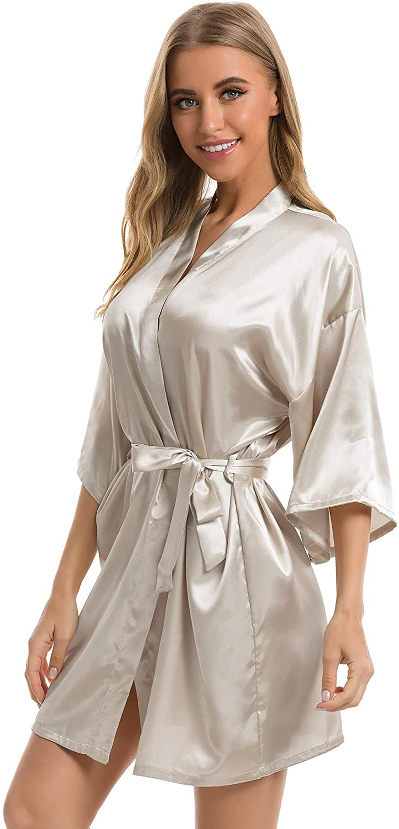 Vlazom Women'S Kimono Robes Short Satin Pure Color Bridal Party Robe with Oblique V-Neck Apparel & Accessories > Clothing > Sleepwear & Loungewear > Robes KYLIE MAX Dark Champagne XX-Large 