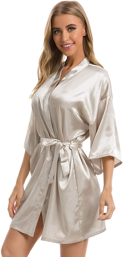Vlazom Women'S Kimono Robes Short Satin Pure Color Bridal Party Robe with Oblique V-Neck Apparel & Accessories > Clothing > Sleepwear & Loungewear > Robes KYLIE MAX Dark Champagne XX-Large 