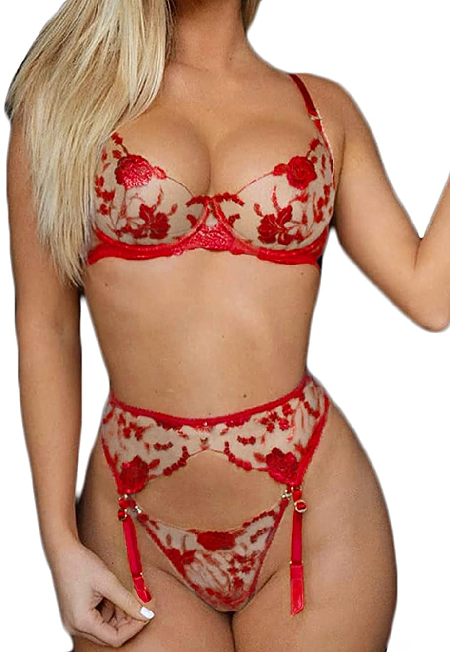 Kaei&Shi Garter Lingerie for Women,Embroidered Underwire Sexy Lingerie, High Waisted 3 Piece Lingerie Set Apparel & Accessories > Clothing > Underwear & Socks > Lingerie Kaei&Shi Red 10-12 