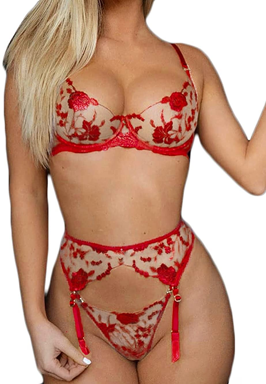 Kaei&Shi Garter Lingerie for Women,Embroidered Underwire Sexy Lingerie, High Waisted 3 Piece Lingerie Set Apparel & Accessories > Clothing > Underwear & Socks > Lingerie Kaei&Shi Red 10-12 