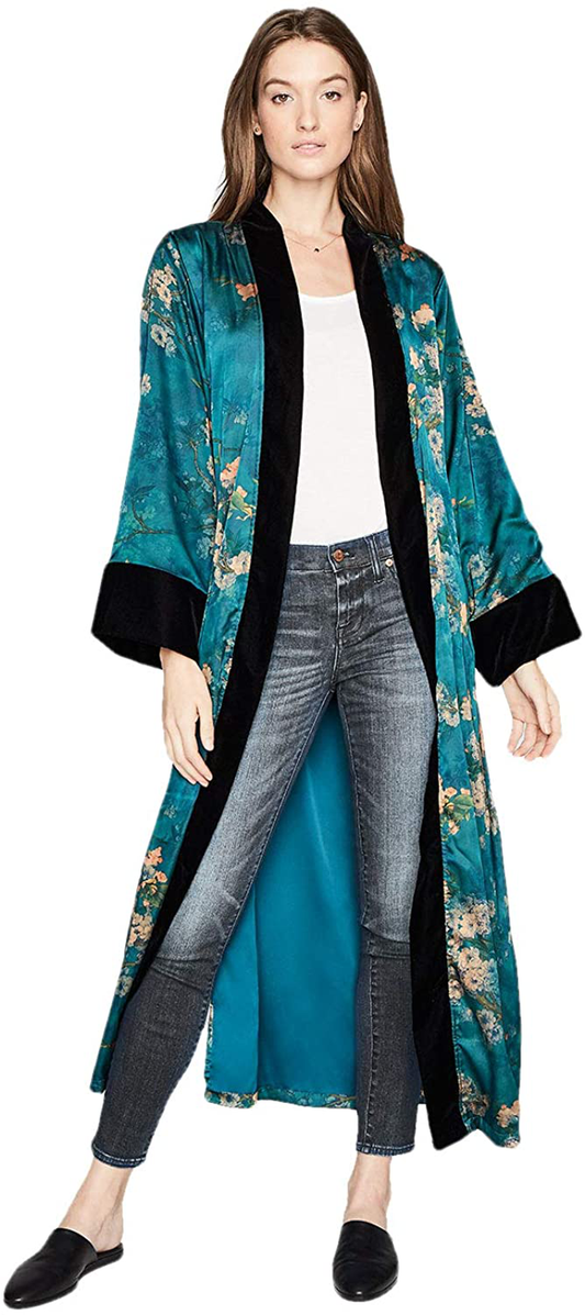KIM+ONO Women'S Kimono Wrap - Watercolor Floral Apparel & Accessories > Clothing > Sleepwear & Loungewear > Robes KIM+ONO Haruka- Teal  