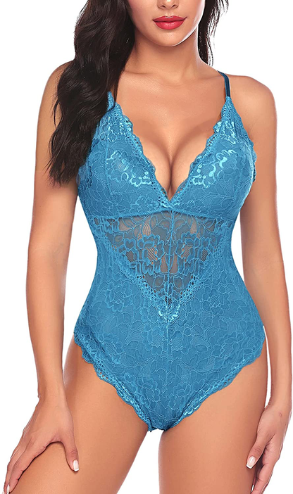 Avidlove Women Snap Crotch Lingerie Sexy Lace Bodysuit Deep V Teddy One Piece Lace Babydoll Apparel & Accessories > Clothing > Underwear & Socks > Lingerie Avidlove Aqua Green-(with Snap Crotch) Medium 