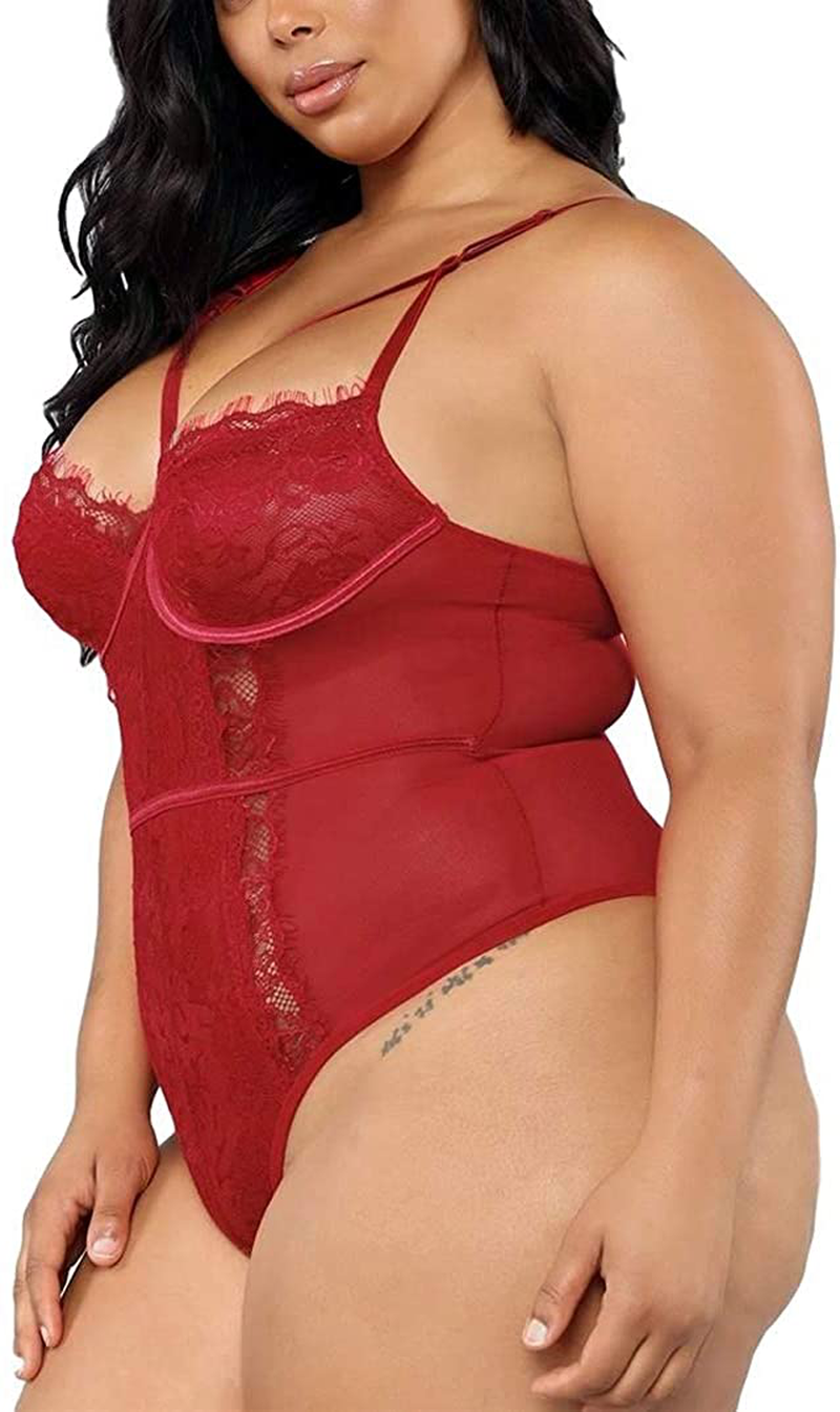 Plus Size Lingerie for Women Sexy Eyelash Lace Bodysuit Naughty Mesh One Piece Teddy Outfits Apparel & Accessories > Clothing > Underwear & Socks > Lingerie KYLIE MAX   