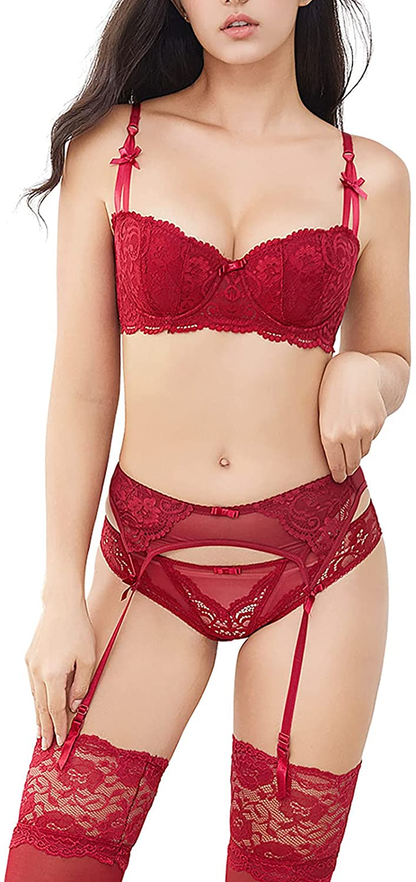 Women Push up Bras Set Lace Lingerie Bra Panties Garter Stocking 4Pcs/Lot Apparel & Accessories > Clothing > Underwear & Socks > Lingerie Varsbaby Chinese Red 34B 