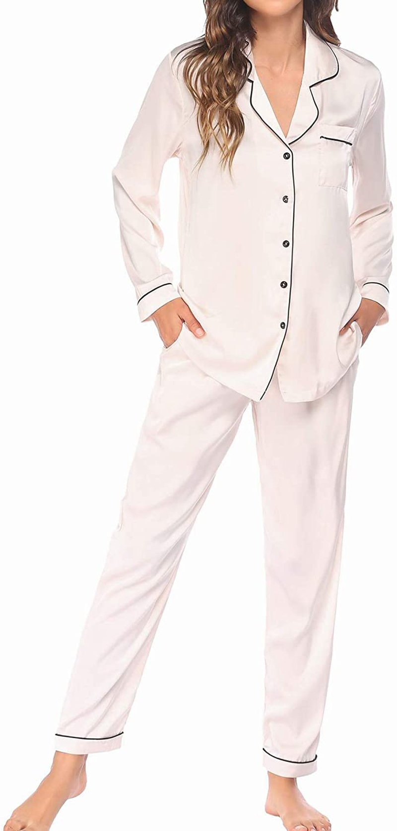 Ekouaer Satin Pajamas Women’S Long Sleeve Sleepwear Silk Soft Button down Loungewear Pjs Set S-XXL Apparel & Accessories > Clothing > Sleepwear & Loungewear > Pajamas Kylie Max   