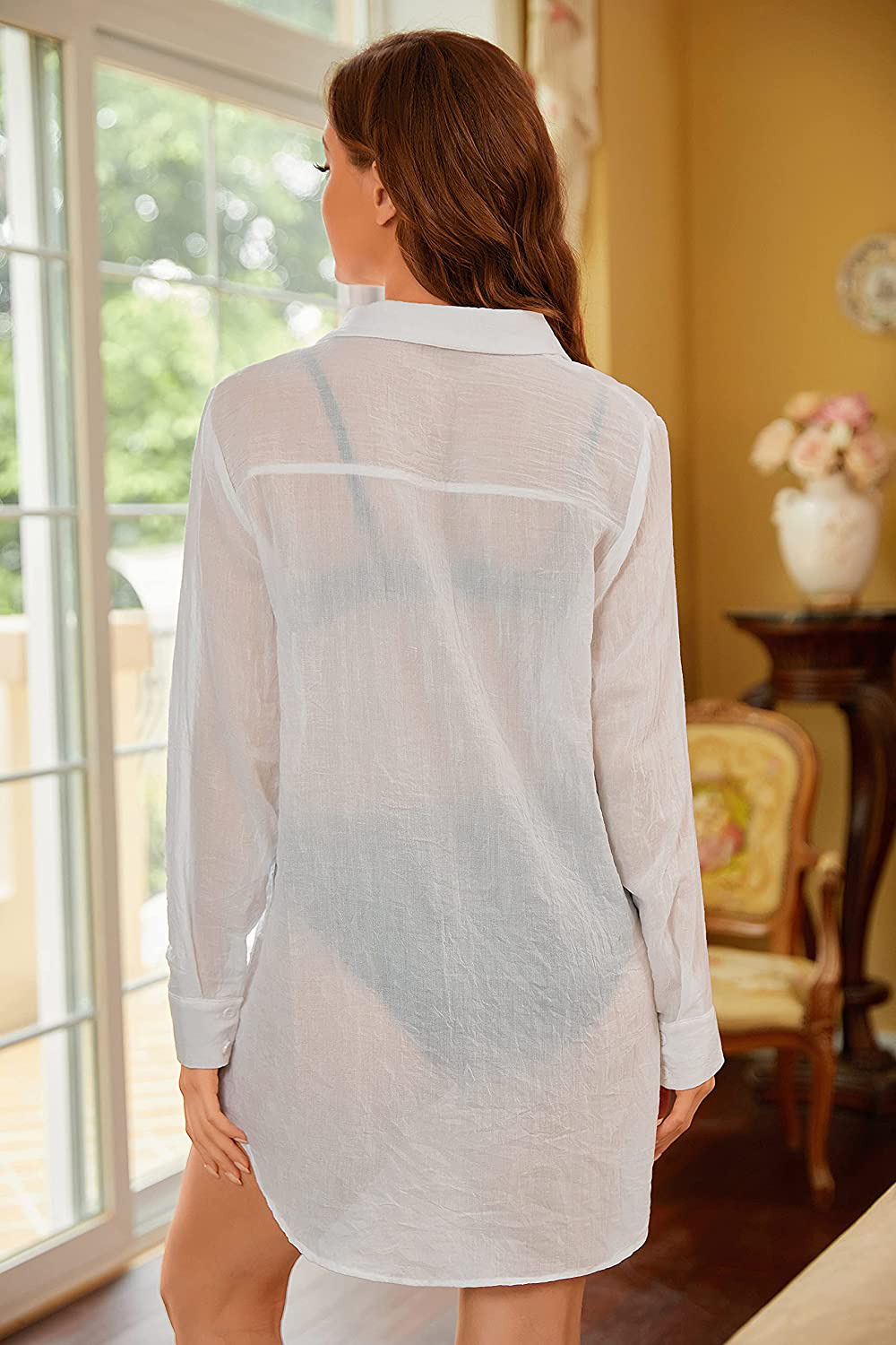 Ekouaer Button down Sleep Shirts for Women Sheer Long Sleeve Boyfriend Nightshirt S-XXL Apparel & Accessories > Clothing > Sleepwear & Loungewear > Nightgowns Kylie Max   