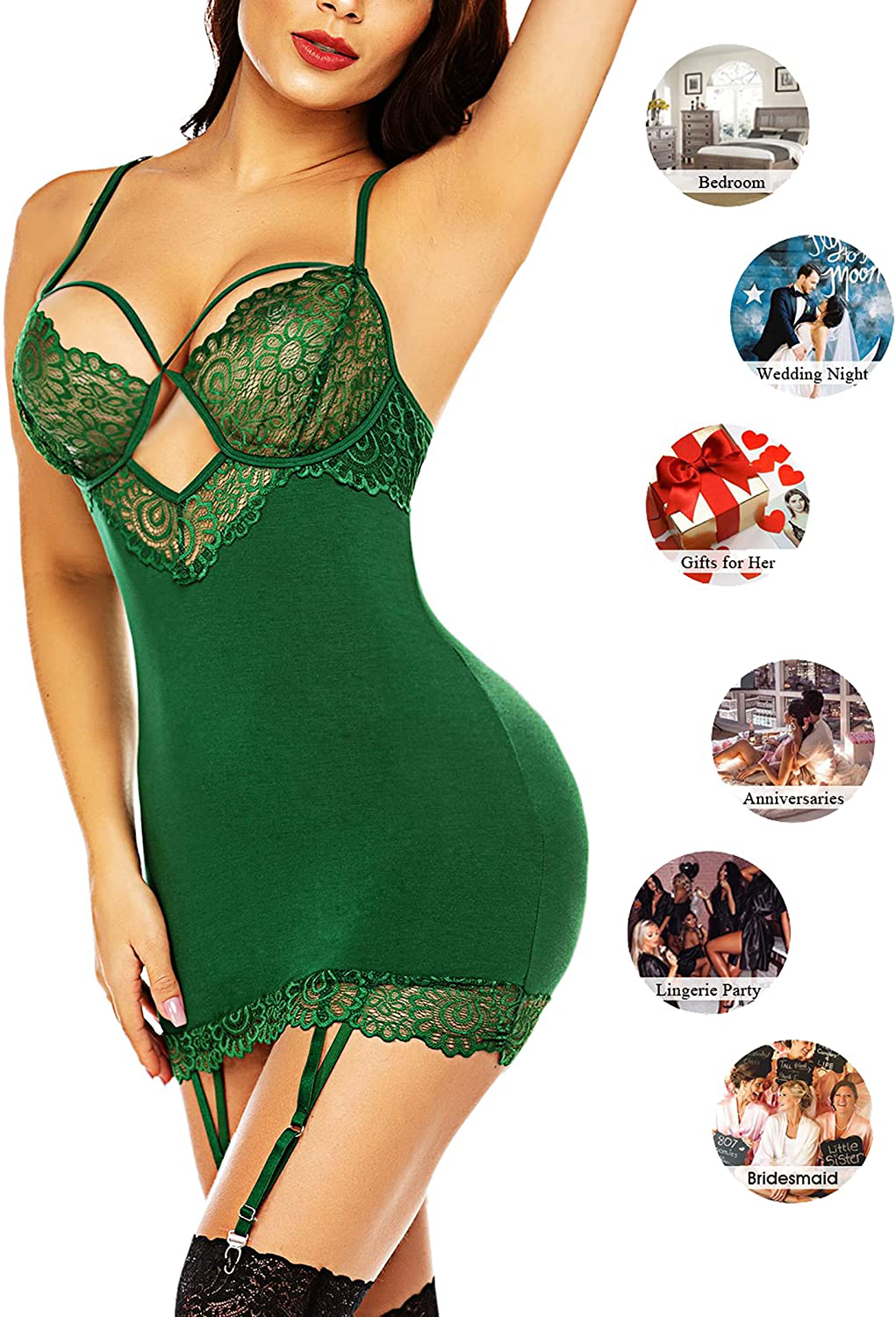 Avidlove Women Lingerie Teddy Bodysuit with Garter Belt Lace Babydoll Full Slips No Stockings Apparel & Accessories > Clothing > Underwear & Socks > Lingerie Kylie Max   