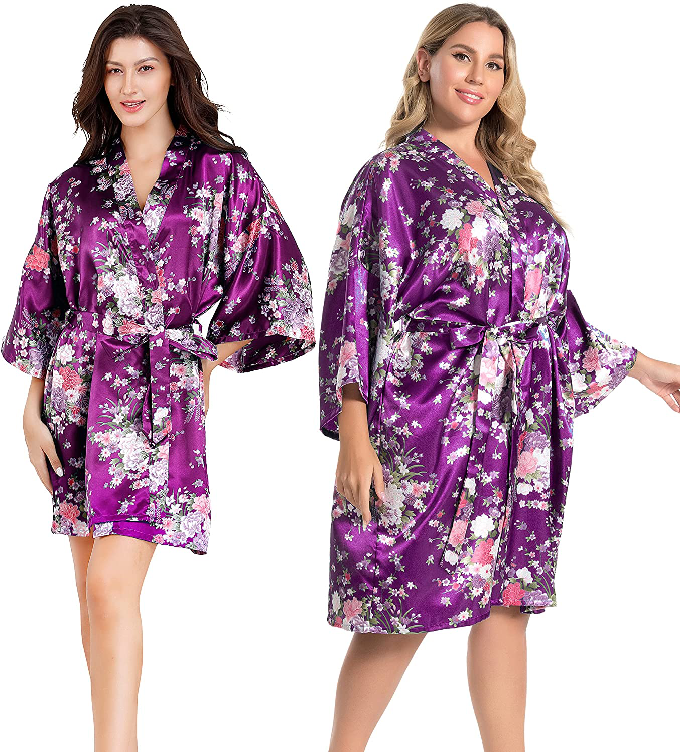 EPLAZA Women Floral Satin Robe Bridal Dressing Gown Wedding Bride Bridesmaid Kimono Sleepwear Apparel & Accessories > Clothing > Sleepwear & Loungewear > Robes EPLAZA Deep Purple Small-Medium 