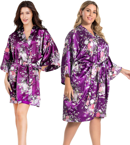 EPLAZA Women Floral Satin Robe Bridal Dressing Gown Wedding Bride Bridesmaid Kimono Sleepwear Apparel & Accessories > Clothing > Sleepwear & Loungewear > Robes EPLAZA Deep Purple Small-Medium 
