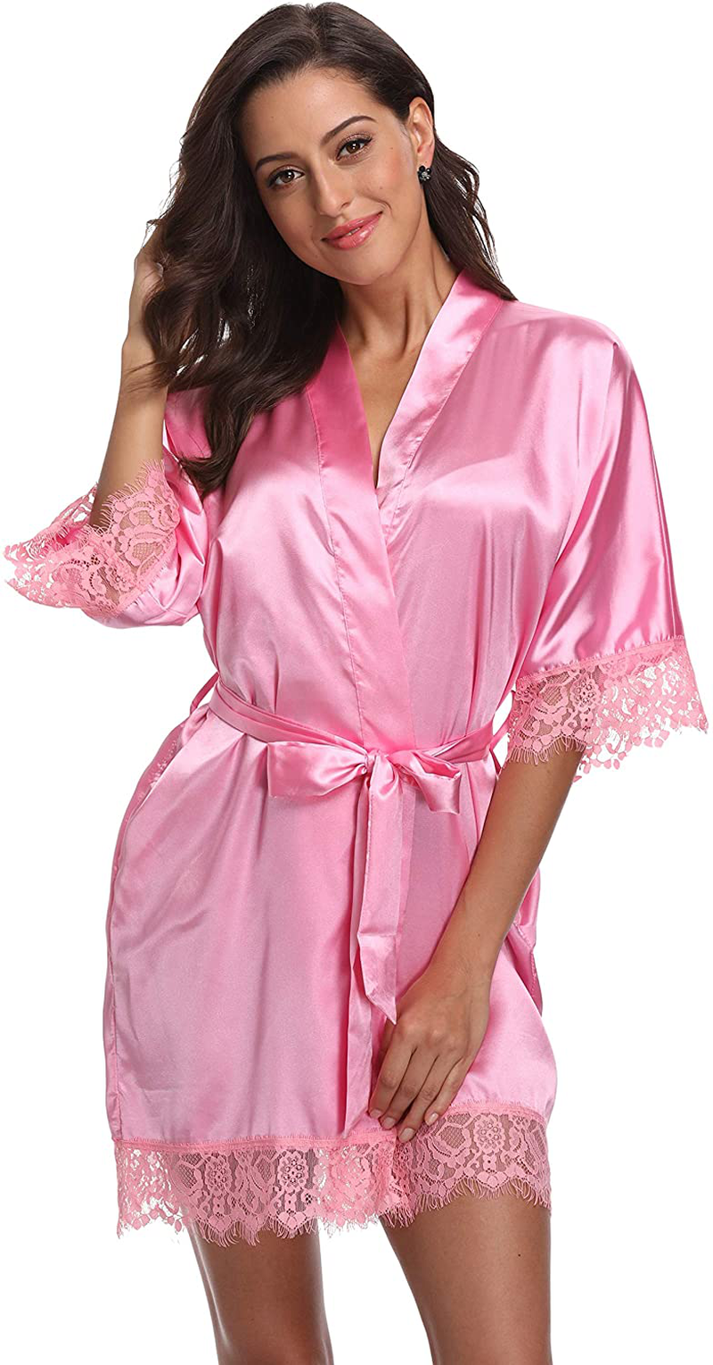 Original Kimono Women'S Lace-Trimmed Satin Short Kimono Robe Bathrobe Loungewear Apparel & Accessories > Clothing > Sleepwear & Loungewear > Robes Original Kimono Peach Pink Medium 