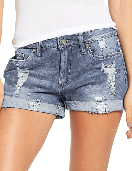 Luvamia Women'S Ripped Denim Jean Shorts High Waisted Stretchy Folded Hem Short Jeans Apparel & Accessories > Clothing > Shorts Kylie Max   