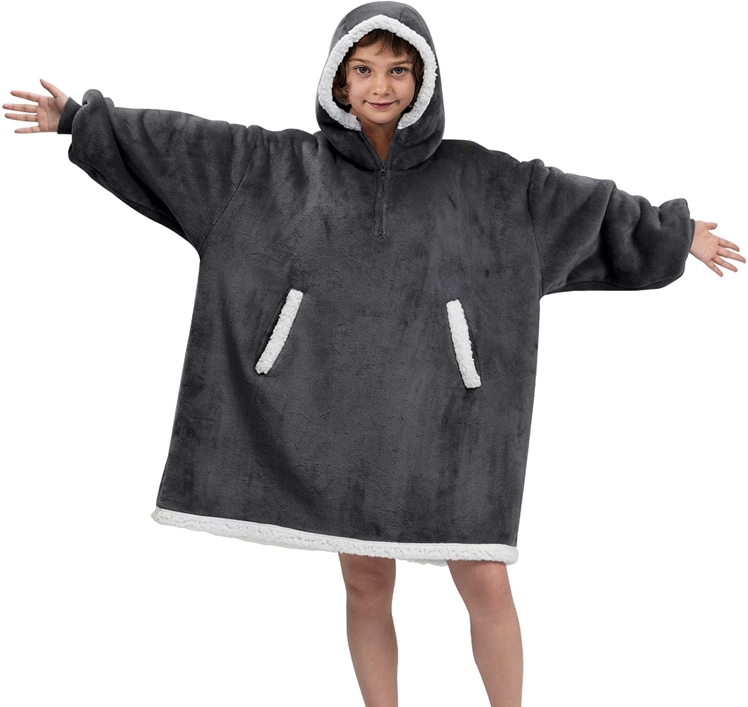 HBlife Oversized Long Wearable Blanket Hoodie for Adult, Thick Sherpa Sweatshirt with Elastic Sleeves and Giant Pockets Super Warm and Cozy Fuzzy Plush Fleece Blanket Jacket, Blue Arts & Entertainment > Party & Celebration > Gift Giving HBlife Dark Gray Kids 