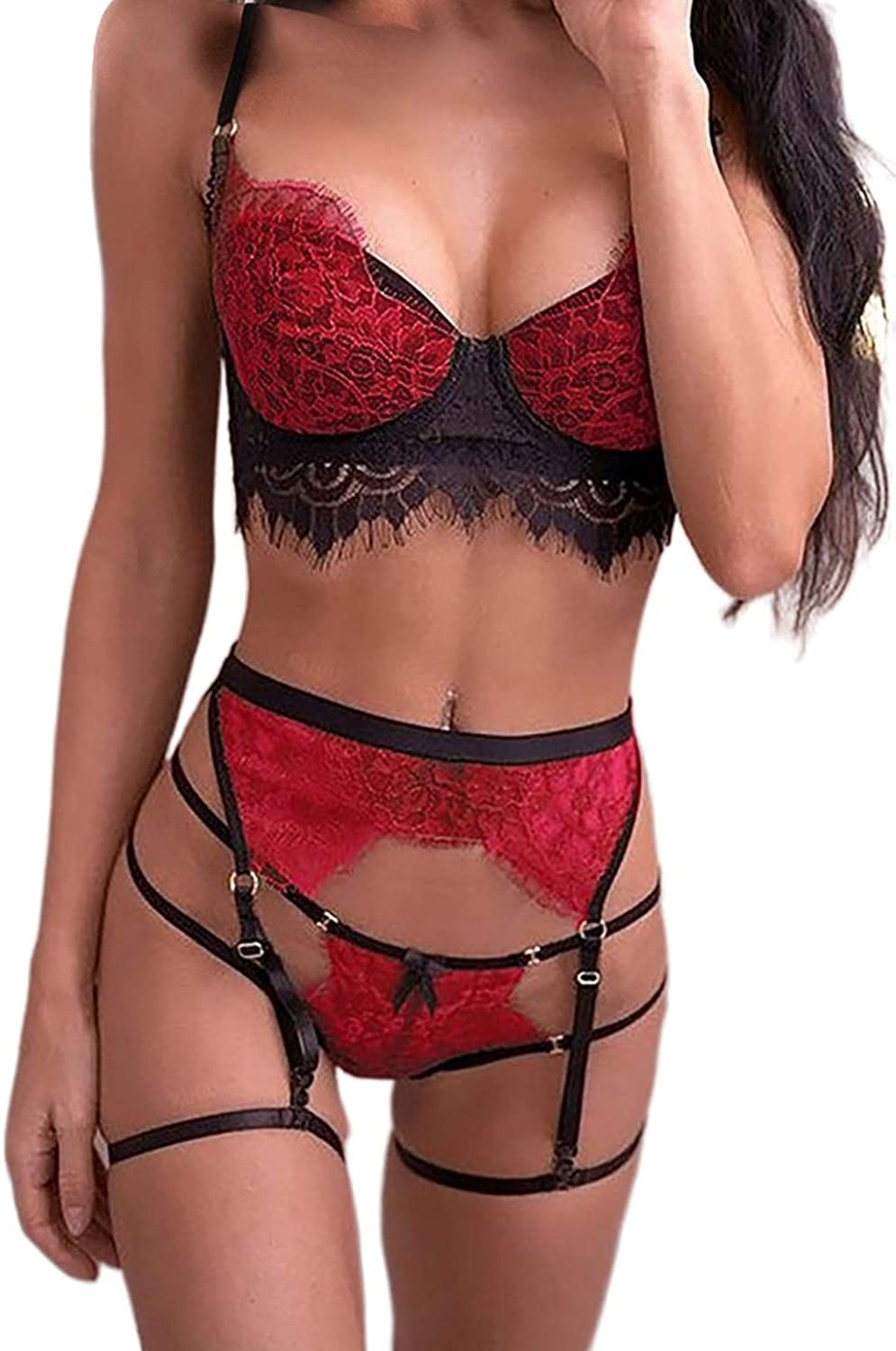 Women Harness Lace Lingerie Set Skirt 3 Pieces Bralettes and Garter Belt Apparel & Accessories > Clothing > Underwear & Socks > Lingerie QUEENIE VISCONTI Eyelash 3pcs Red Large 