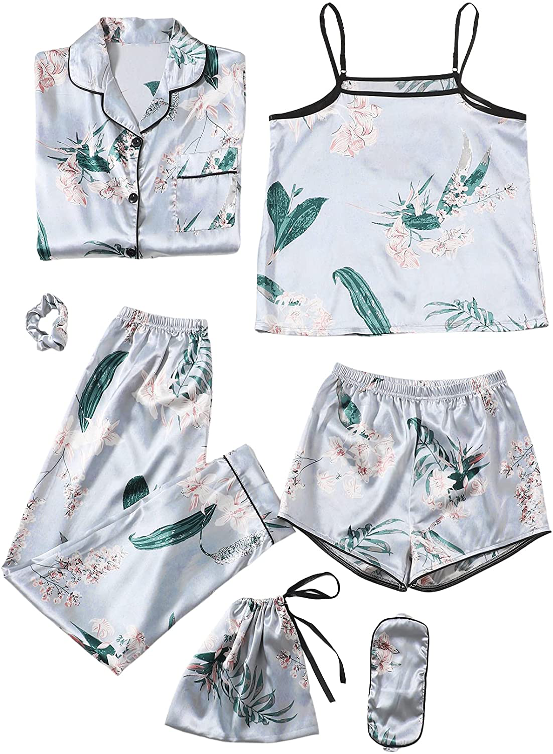 Shein Women'S 7Pcs Satin Pajama Set Cami Pjs with Shirt and Eye Mask Apparel & Accessories > Clothing > Sleepwear & Loungewear Kylie Max   