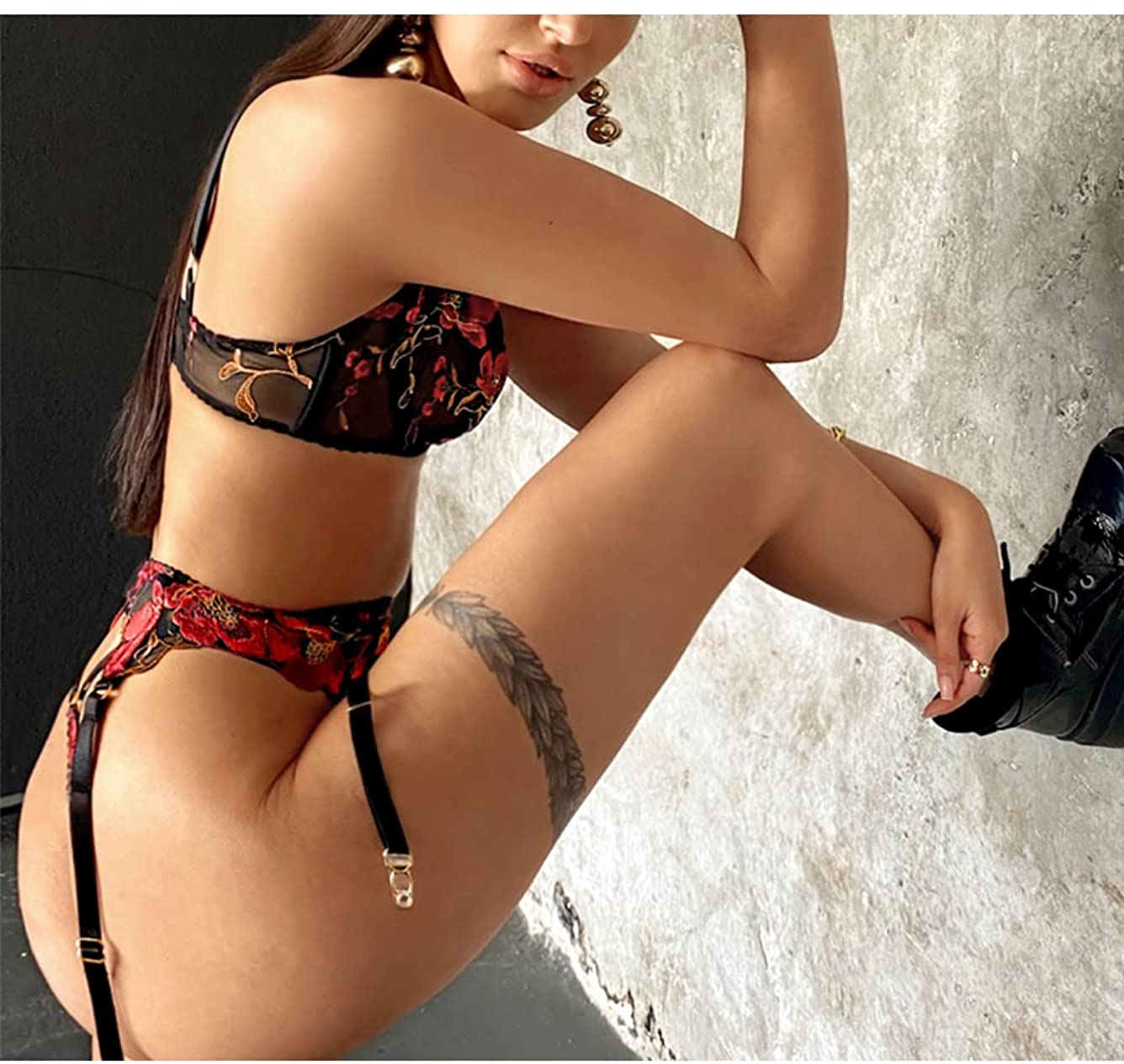 Kaei&Shi Floral Embroidered,Underwire Bra,Thong,3 Piece,Garter Lingerie for Women Apparel & Accessories > Clothing > Underwear & Socks > Lingerie Kaei&Shi   