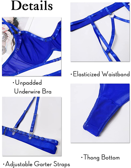 Kaei&Shi Mesh Sheer,Underwire Unpadded Bra,Thong,Thigh Straps,Garter Belt Lingerie for Women Apparel & Accessories > Clothing > Underwear & Socks > Lingerie Kaei&Shi   