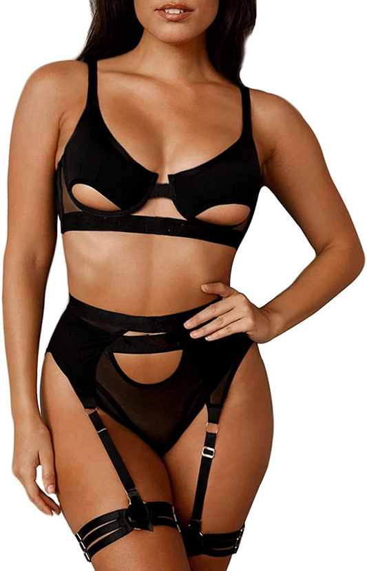 Kaei&Shi Mesh Patchwork,Underwire Peekaboo,Garter Belt,Thong,Thigh Straps,4 Piece Lingerie Apparel & Accessories > Clothing > Underwear & Socks > Lingerie Kaei&Shi Black 10-12 