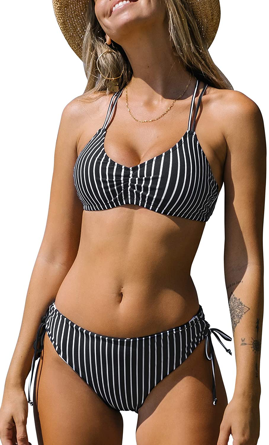 CUPSHE Women Back Braided Straps Bikini Sets Reversible Bottom Strappy Lace Up 2 Piece Swimsuits Apparel & Accessories > Clothing > Swimwear CUPSHE Black Stripe Large 