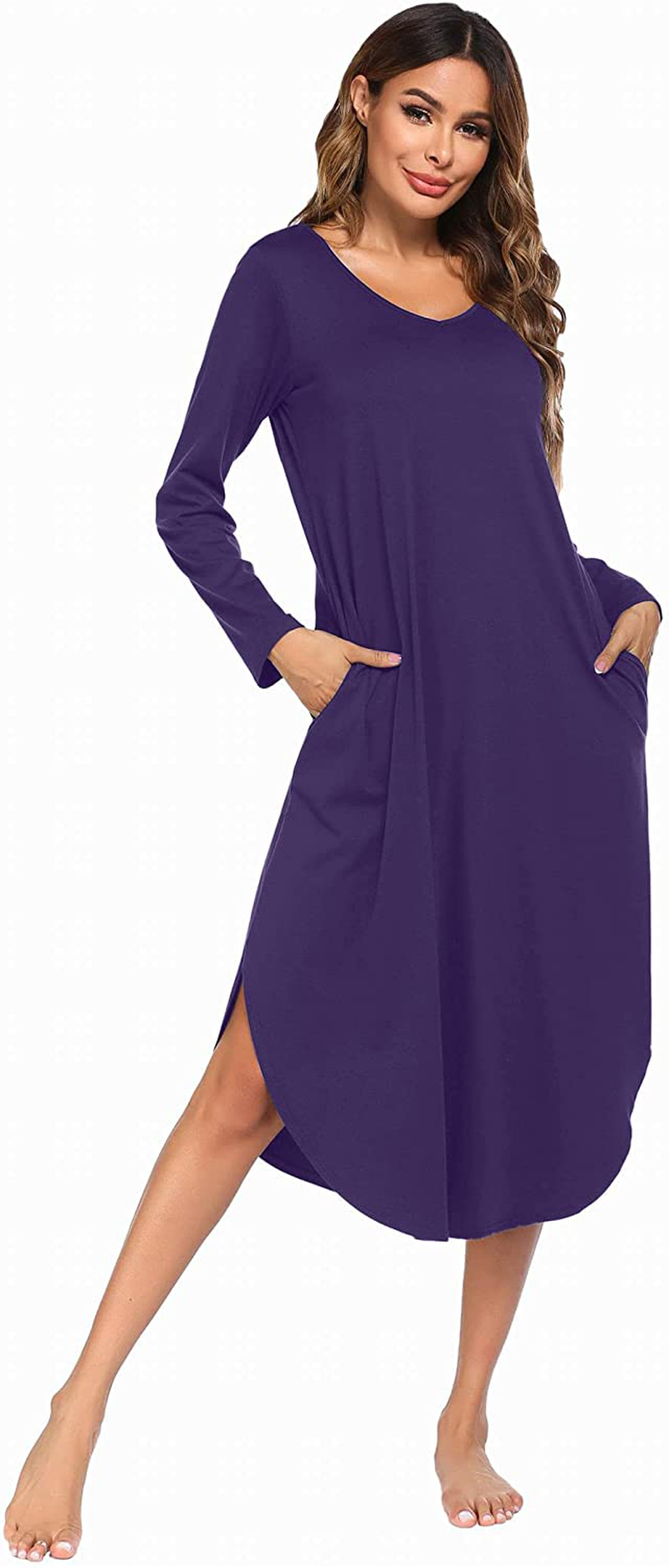 Ekouaer Nightgowns Womens V Neck Nightshirts Long Sleeve Sleepwear plus Size Night Wear S-XXL Apparel & Accessories > Clothing > Sleepwear & Loungewear > Nightgowns Kylie Max   