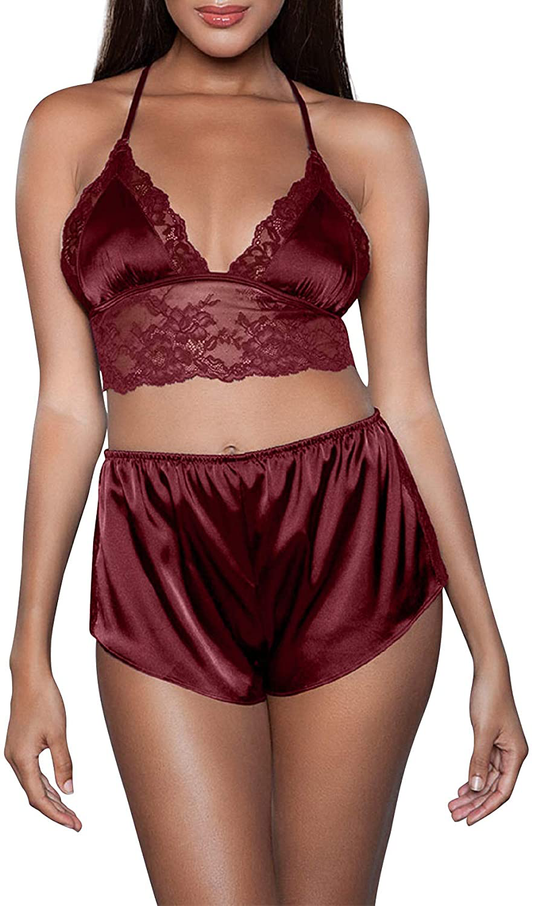 Lingerie for Women Cute Silk Pajamas Sets Satin Lace Trim Cami Tops and Shorts 2 Piece Straps Bralette and Panty Sleepwear Apparel & Accessories > Clothing > Sleepwear & Loungewear Kylie Max   