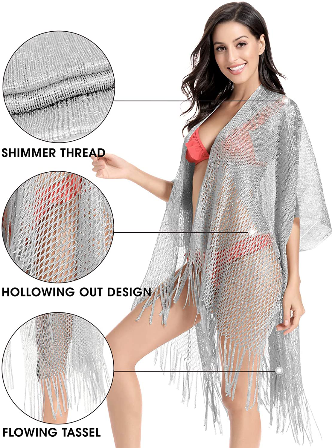 Metallic Sparkly Kimono Cardigan Swimsuit Beach Bikini Cover Ups Open Front Casual Blouse Tops Apparel & Accessories > Clothing > Swimwear Kylie Max   