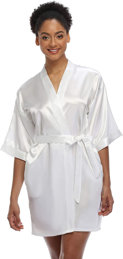 SUGAR JAN Women'S Short Satin Kimono Robes for Bride and Bridesmaids Silky Pure Color Bathrobe with Pockets Apparel & Accessories > Clothing > Sleepwear & Loungewear > Robes SUGAR JAN White XX-Large 