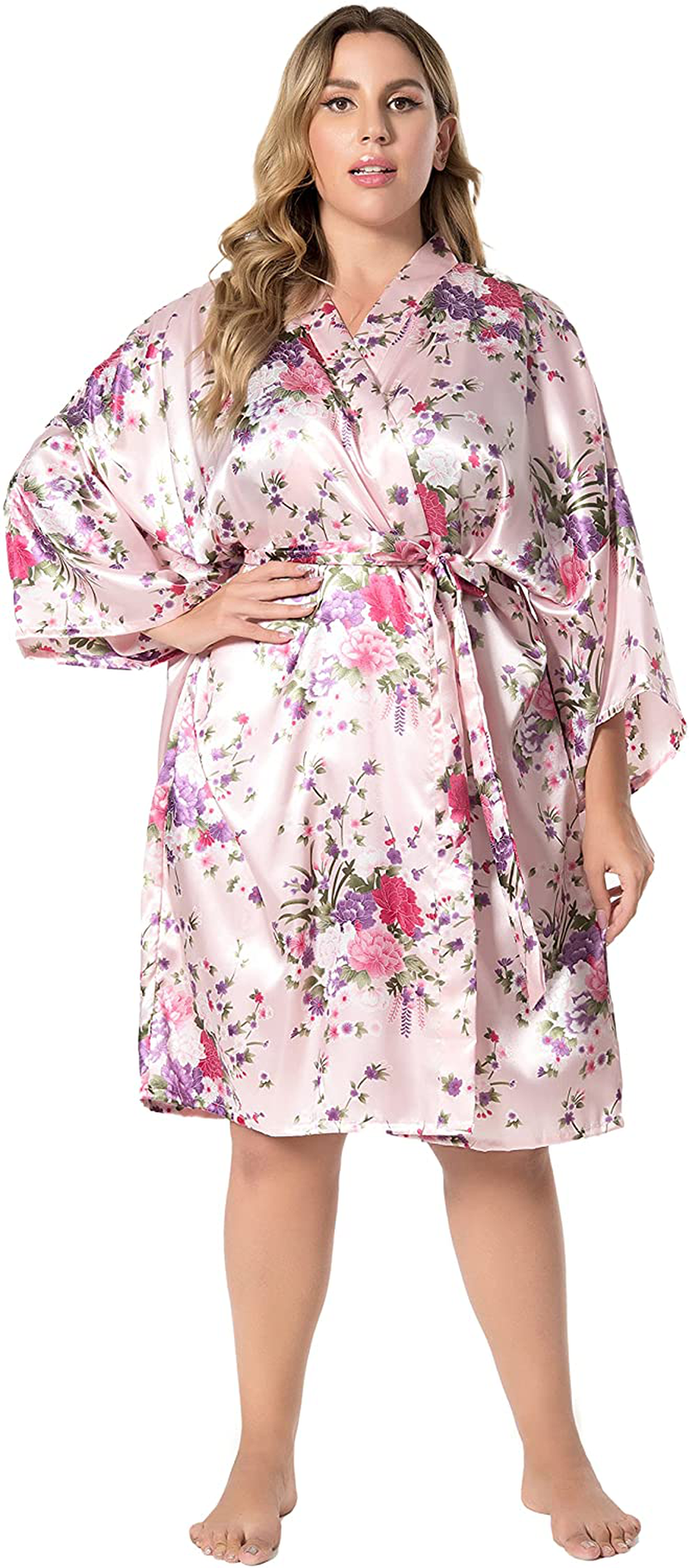 EPLAZA Women Floral Satin Robe Bridal Dressing Gown Wedding Bride Bridesmaid Kimono Sleepwear Apparel & Accessories > Clothing > Sleepwear & Loungewear > Robes EPLAZA   
