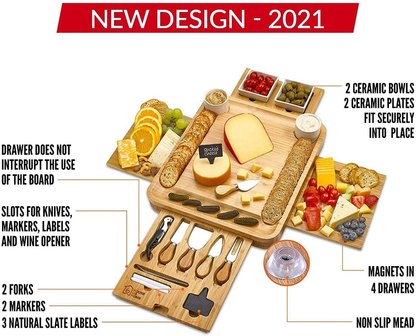 Cheese Board 2 Ceramic Bowls 2 Serving Plates. Magnetic 4 Drawers Bamboo Charcuterie Cutlery Knife Set, 2 Server Forks, Wine Opener, Labels, Markers, Gift for Birthdays, Wedding Registry,Housewarming Arts & Entertainment > Party & Celebration > Gift Giving House Ur Home   