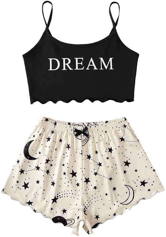 SOLY HUX Women'S Cartoon Print Lettuce Trim Cami Top and Shorts Cute Pajama Set Sleepwear Apparel & Accessories > Clothing > Sleepwear & Loungewear Kylie Max   